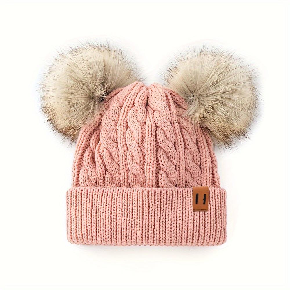 

Youngsters Stretchy Cable-Knit Beanie with Ears & Letter Logo - Lightweight Winter Hat for &, Machine Washable, Mixed Colors, Cold Weather Accessory 1pc рожевий