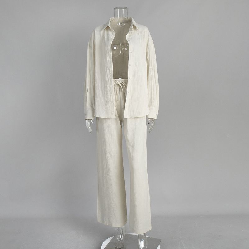 

Shirt Casual Suit 2025 European and American Spring and Autumn New Women Loose Cotton Long sleeve Shirts Casual Set Beige White S