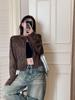 American Retro Distressed Coffee Brown PU Leather Short Jacket - Spring 2025 Hot Girl Stand Collar Versatile Design.