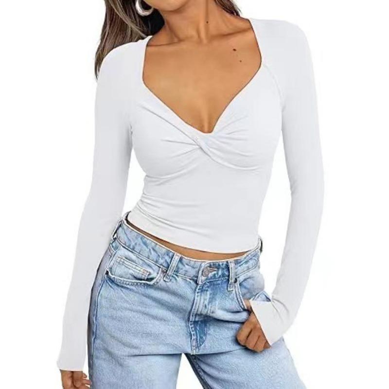 

Футболка с длинными рукавами и V-образным вырезом, облегающий топ с модным передним изгибом XL белый