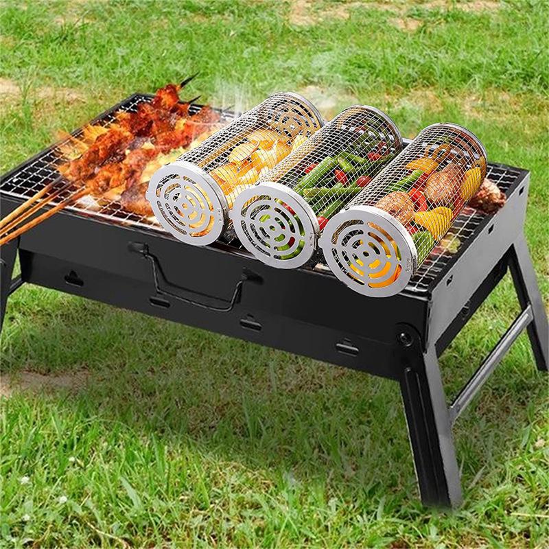 304 Stainless Steel BBQ Cage Cylinder Grill Smoker Mesh Basket - In Stock
