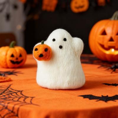 Halloween Wool Felted Ghost with Pumpkin Handmade Mini Felt Ghost Pumpkin Collectible Tabletop Ornaments for Tiered Tray Shelf Desk Indoor Home Decor