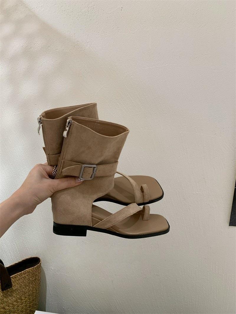 

Римские крутые ботинки с открытым носком женские лето 2025 новые ботинки на танкетке с высоким каблуком и высокой платформой квадратный носок короткое голенище 39 хаки