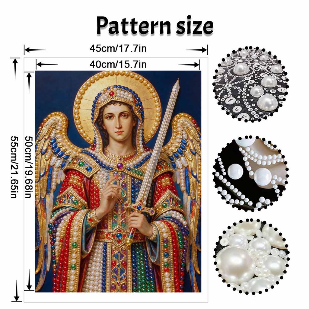 5D Framed Pearl Painting Kit Archangel Michael Guardian Sword Pattern Sparkling Bead Art Canvas Ready to Display Romantic Home Decor Gift