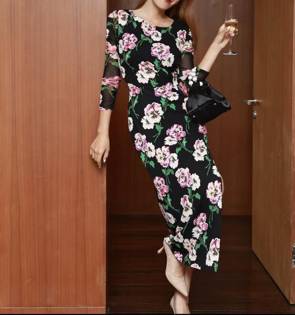 Elegantes französisches figurbetonendes florales Netz-Kleid mit Taillenschnürung
