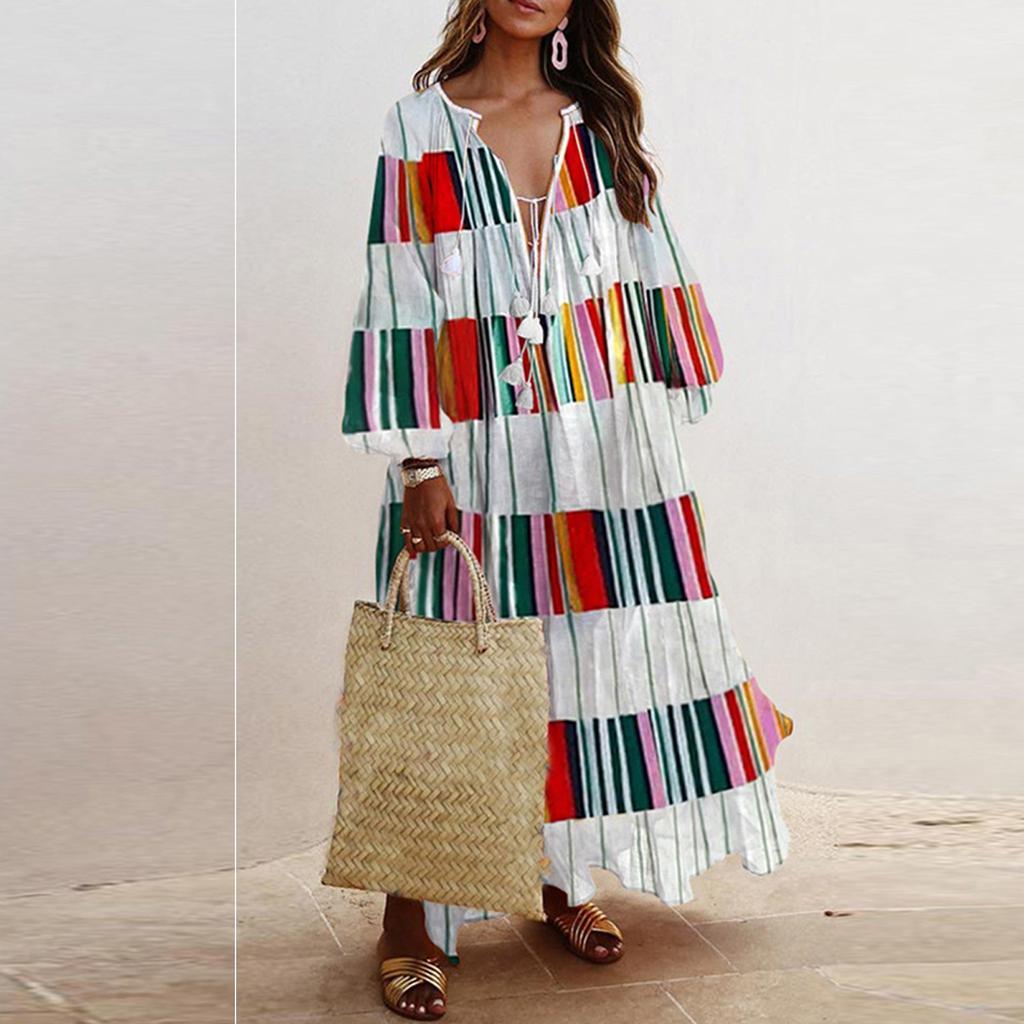Women's Fashion Casual Bohemian Style V-Neck Long Sleeve Long Dresses Dresses