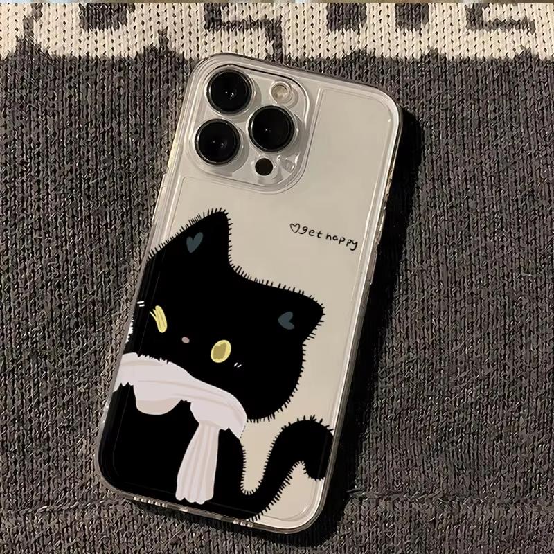 

Cartoon Black White Cat Couple Phone Case For iPhone 17 Pro Max 16 15 Pro 14 13 Mini 12 11 17Air 16 Plus Clear Bumper Cover iPhone17 Pro