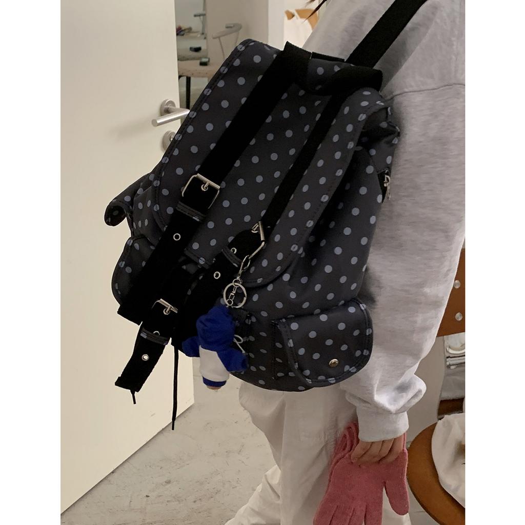 Korean Version of College Style Casual Schoolbag Women's 2025 New Canvas Bag Polka Dot Printed Backpack One Piece