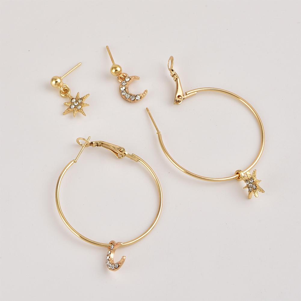 4Pcs/Set Bohemian Style Large Circle Earrings Ear Clip Crystal Moon Star Ear Stud Jewelry