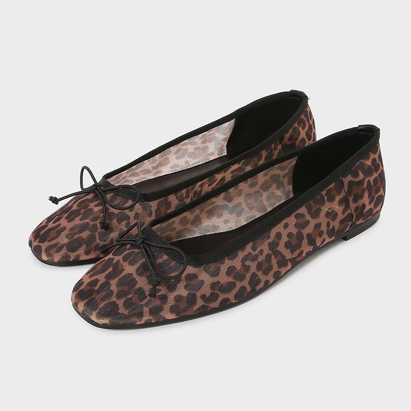 Fashion Cozy Mesh Leopard Print Ballet Flats Women Sexy Round Toe Bow Decoration Brand Designer Shoes Fashion Soft-sole Mary Jane Shoes
