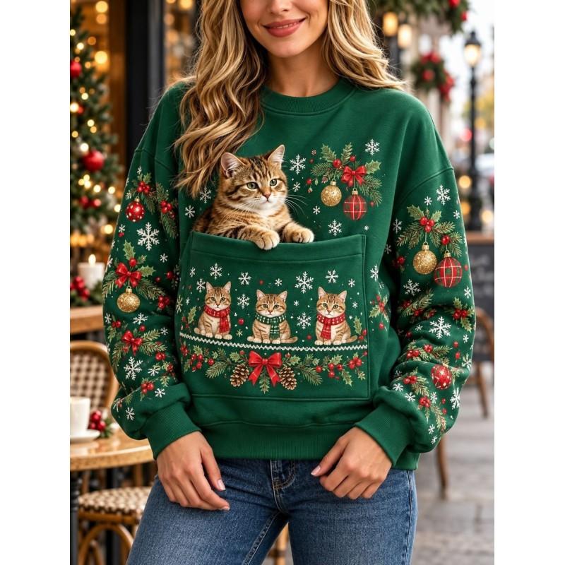 Christmas Cat Pocket Print Sweatshirt Retro Long Sleeve Top Holiday