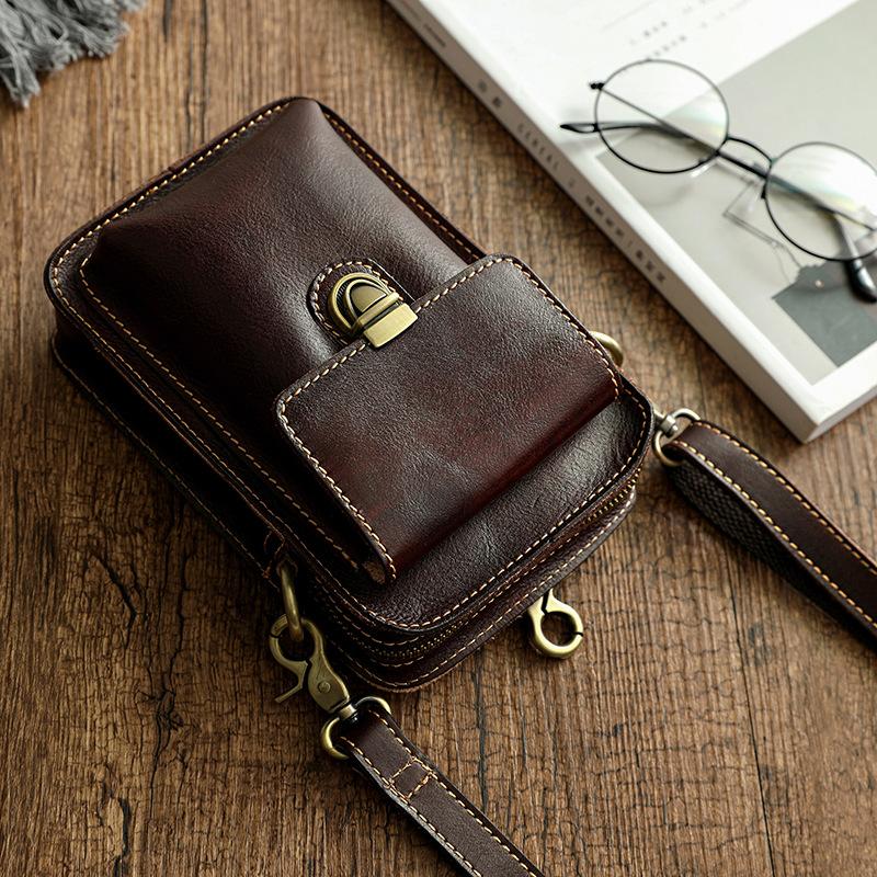 Borsa a Spalla in Vera Pelle conciata al vegetale e lucidata a mano, Strato Superiore di Pelle di Mucca, Marsupio da Uomo, Piccola Borsa da Appendere, Stile Retro