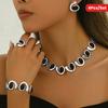 4pcs/Set Silver Women Fashion Simple Necklace Earrings Bracelet Ring Set Geometric Oval Black Acrylic Inlay Spiral Splicing