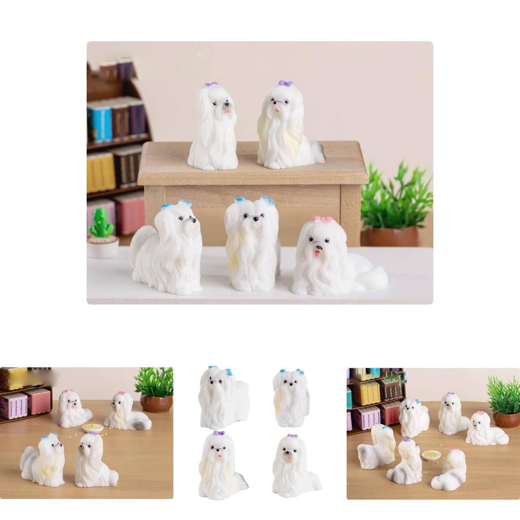 Adorable Resin Maltese Dog Figurine With Pink Bow Miniature Desk Decor