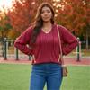 Women's V-Neck Long Sleeve Pullover Hoodie Color Loose Fit Ribbed