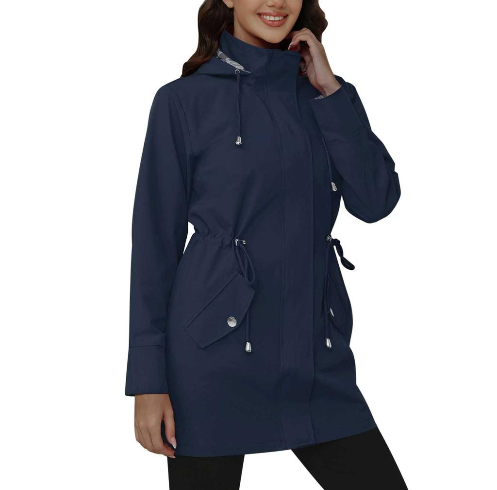 Women Solid Stripe Rain Jacket Outdoor Plus Waterproof Hooded Raincoat Windproof