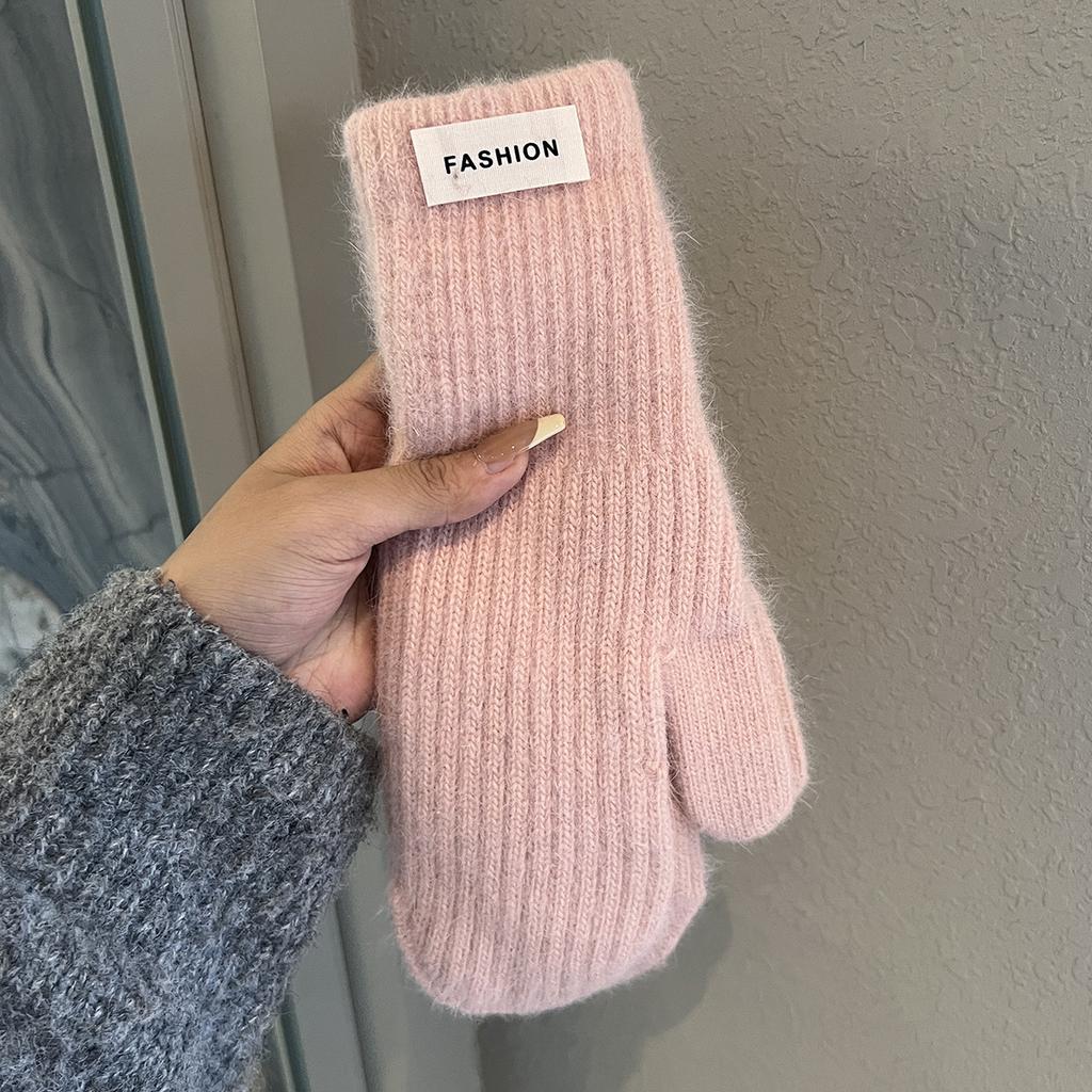 Einfarbige handgestrickte Wollhandschuhe für Damen im Winter Neuer Stil Plus Samt zum Warmhalten Winddicht und Kältefest Studentenreitertrend