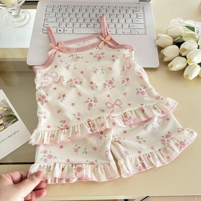 Summer Girls Floral Camisole Dress Set Thin Cartoon Sleeveless Princess Two Piece Outfit