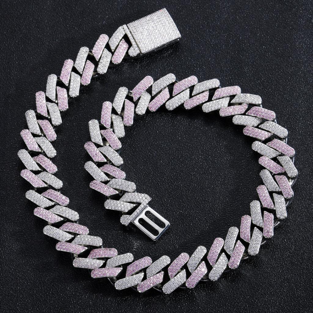 European and American Hip Hop 20mm Rhombus Cuban Necklace Blue Pink Three Rows Full of Diamonds Zircon Men's High Sense Ruffian Handsome Jewelry