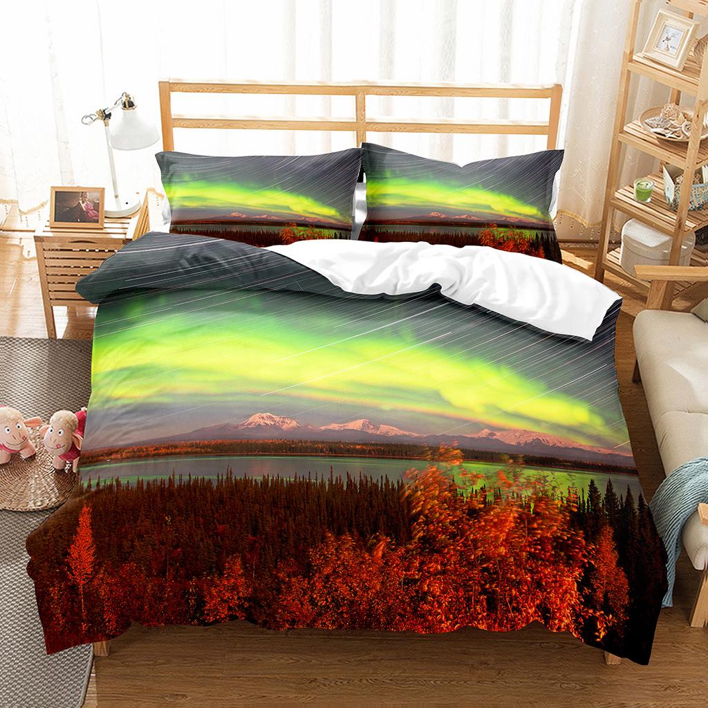 Northern Lights King Queen Duvet Cover Natural Landscape Bedding Set Colorful Sky Scenery Quilt Cover Polyester Comforter Cover