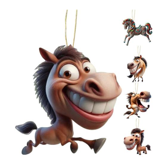 Funny Horse Acrylic Car Rearview Ornament 2D Flat Cartoon Prank Horse Automotive Interior Hanging Accessory for Tree Door Window Decor