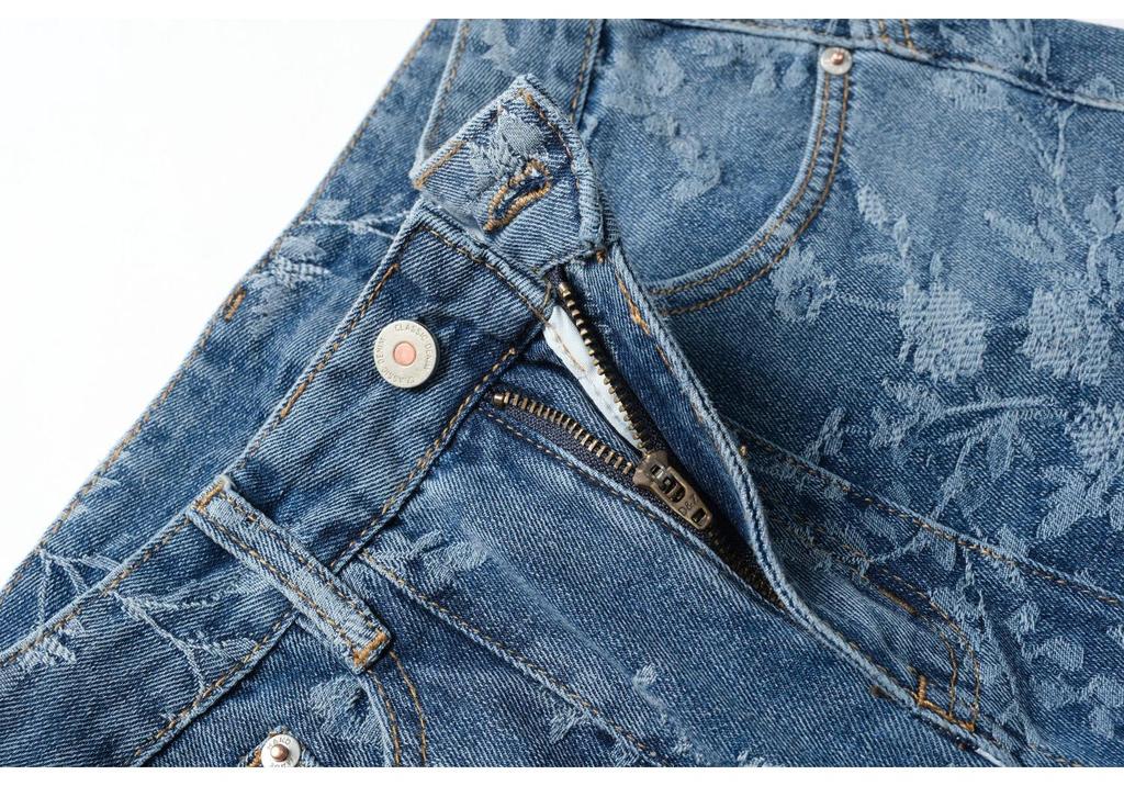 Pantaloni Larghi in Denim Jacquard Blu da Donna - Stile Retrò Designer a Lunghezza Pavimento