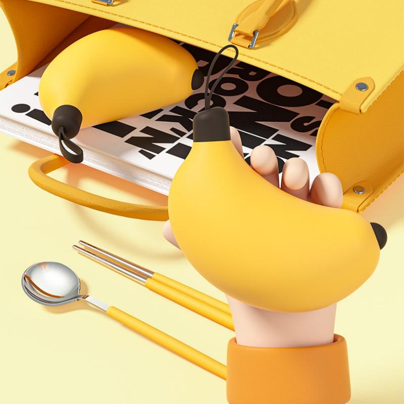 Cartoon Banana Portable Cutlery Spoon Chopsticks Serving Dinner Set 304 Stainless Steel Folding Cutlery