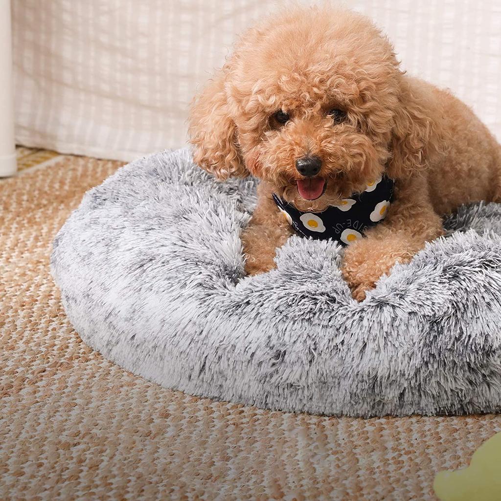 FEANDREA Dog Bed, Donut Cat Bed, Fluffy Calming Pet Bed with Removable, Washable Cover, Soft Long Plush, 60 cm, Grey