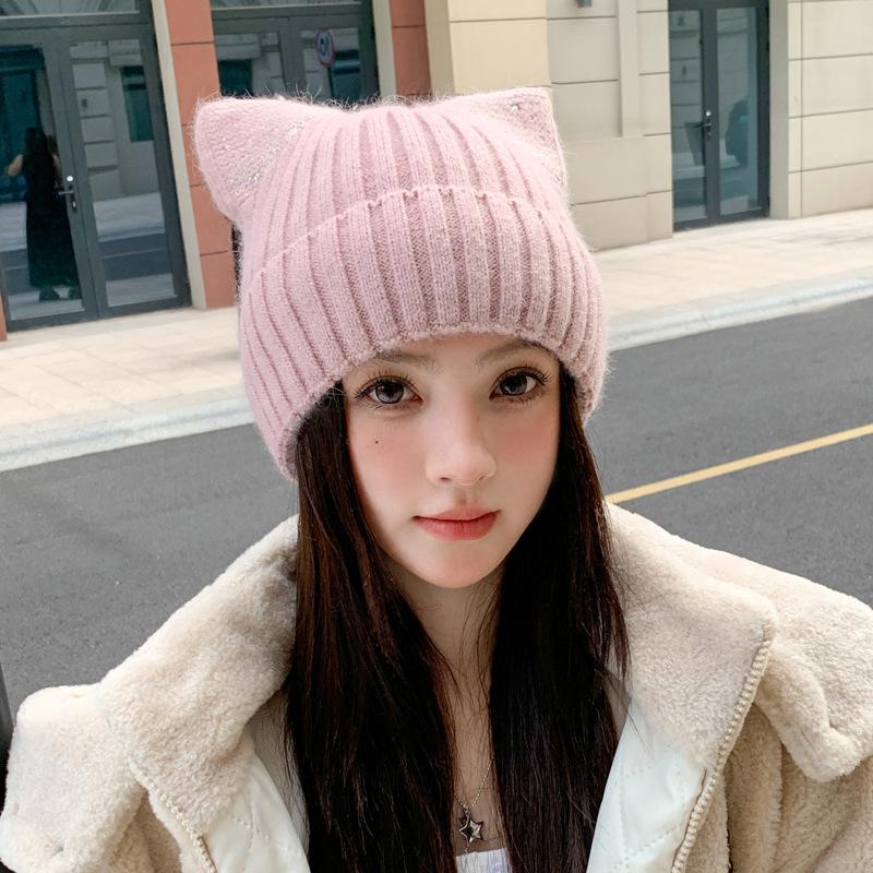 New wool hat cat ears ear protection autumn and winter warm cold hat men's and women's cute knitted hat