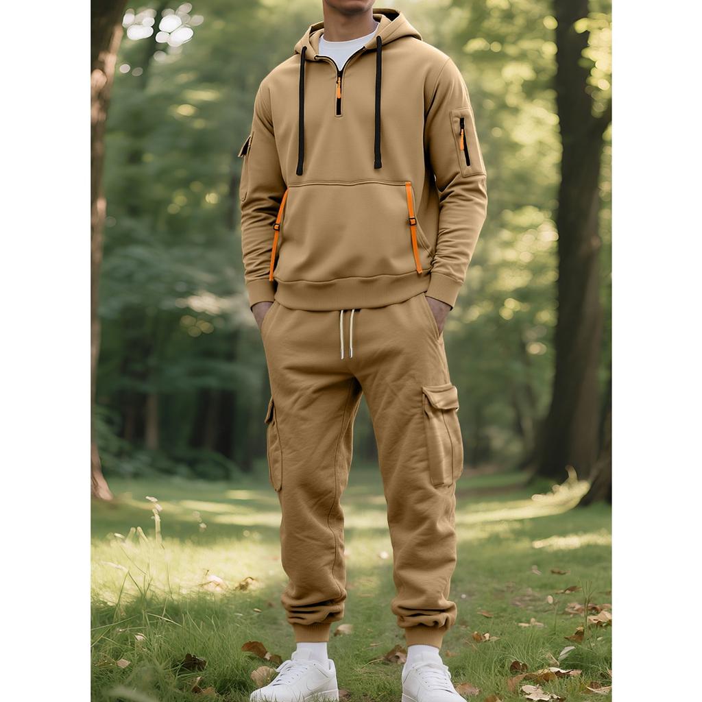 New, Autumn/Winter, Men's, Velvet Hoodie, Fashion, Hoodie, Zipper, Multi Pocket, Work Pants Set