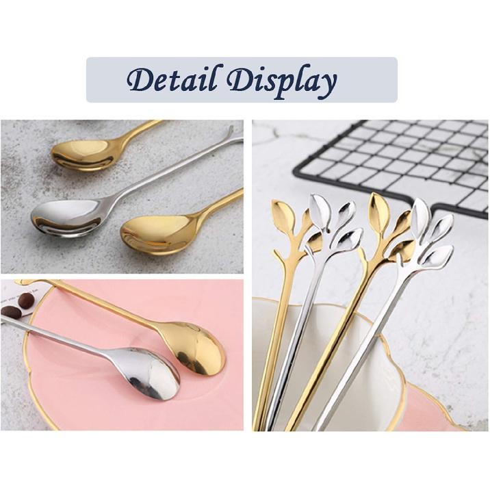 Gold Leaf Coffee Spoon Set of 4, 4.7 Inch Retro Dessert Espresso Spoons Cutlery Kitchen Tableware
