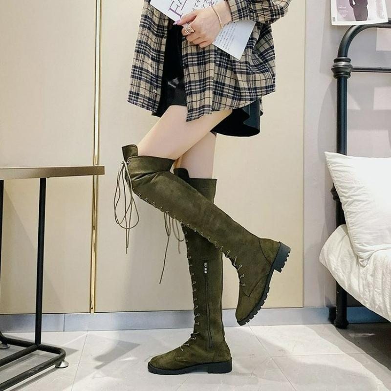 Women's Boots Lace Up Over The Knee Boots Sexy Low Heels Casual Long Boots Round Toe Thigh High Boot Suede Plus Size Women Shoes