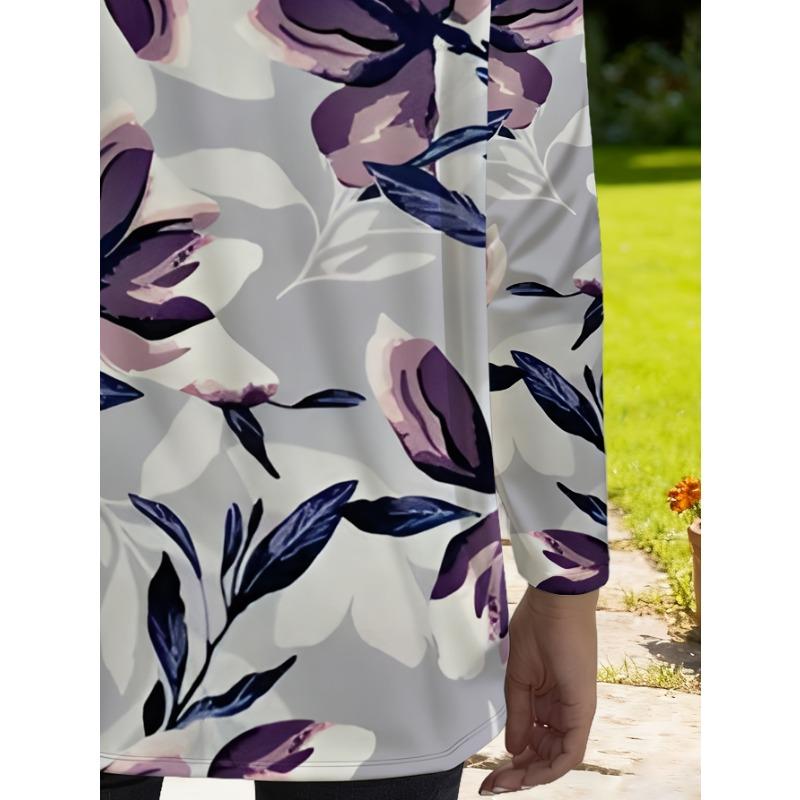 Women's Plus Size Elegant Purple Flower Print Long Sleeve Loose T-Shirt with Pockets for Women