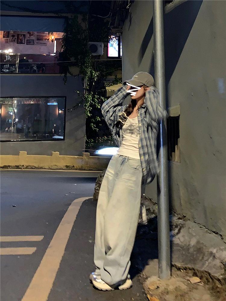 Women's Autumn American Retro Plaid Blue Shirt - Versatile Casual Sunscreen Jacket