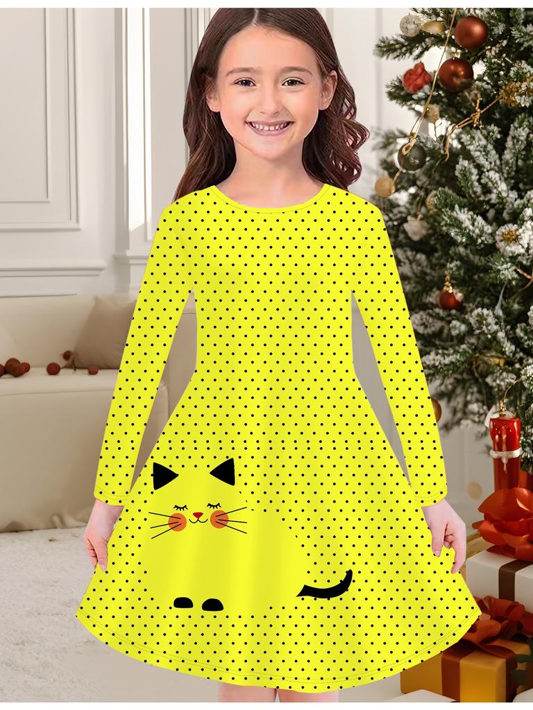 Girls' Autumn and Winter Fashion Dress, 3D Cute Cat Print  Round Neck Long Children's T-shirt Dress, Casual Versatile, Christmas Clothing