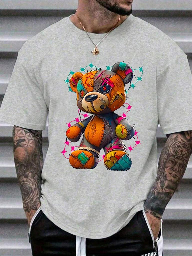 Men's Summer 100 Cotton Fashionable Casual Sports Loose Large Cartoon Teddy Bear Pattern Printed Round Neck Short Sleeve T-shirt