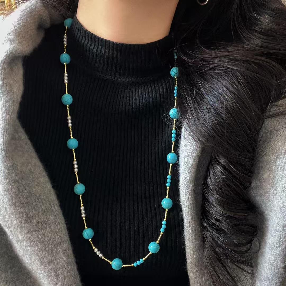 

Vintage Vibe Artificial Turquoise Crystal Pearl Sweater Chain Necklace Collarbone Chain