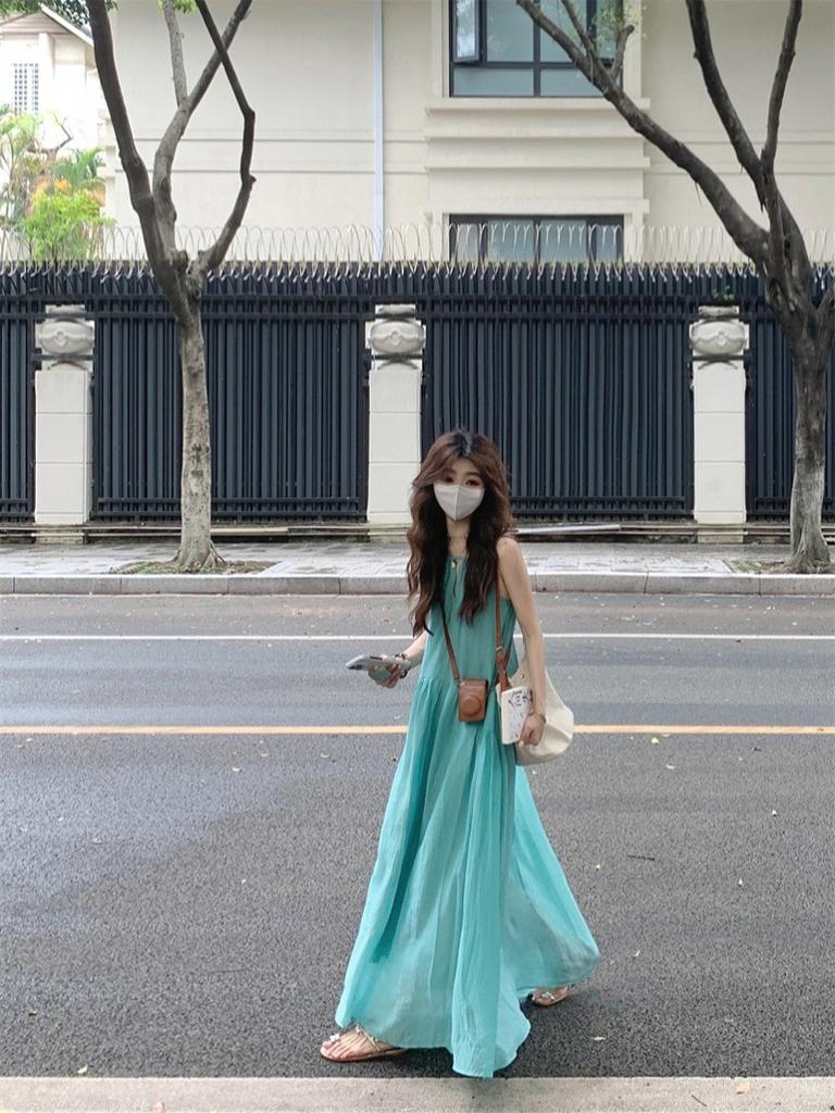 French hollow suspender dress women's summer seaside vacation wind beach skirt pleated lazy relaxation long skirt