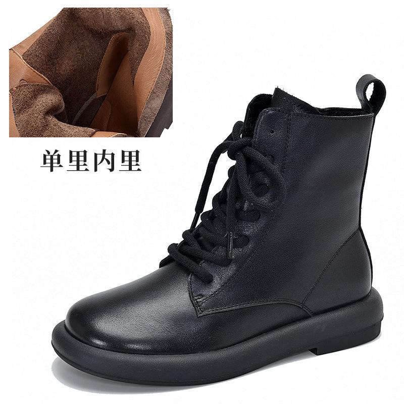 Short Boots Soft Leather Women's Round Head Lace-up High-top Boots Autumn and Winter Versatile Martin Boots Single Boots Women's Cotton Boots