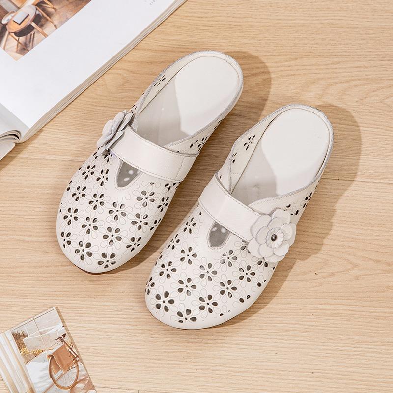Summer Hollow Bag Head Slippers Women Wear Beef Tendon Flat Bottom Medium and Old Retro Mother Shoes Genuine Leather Cool Slippers