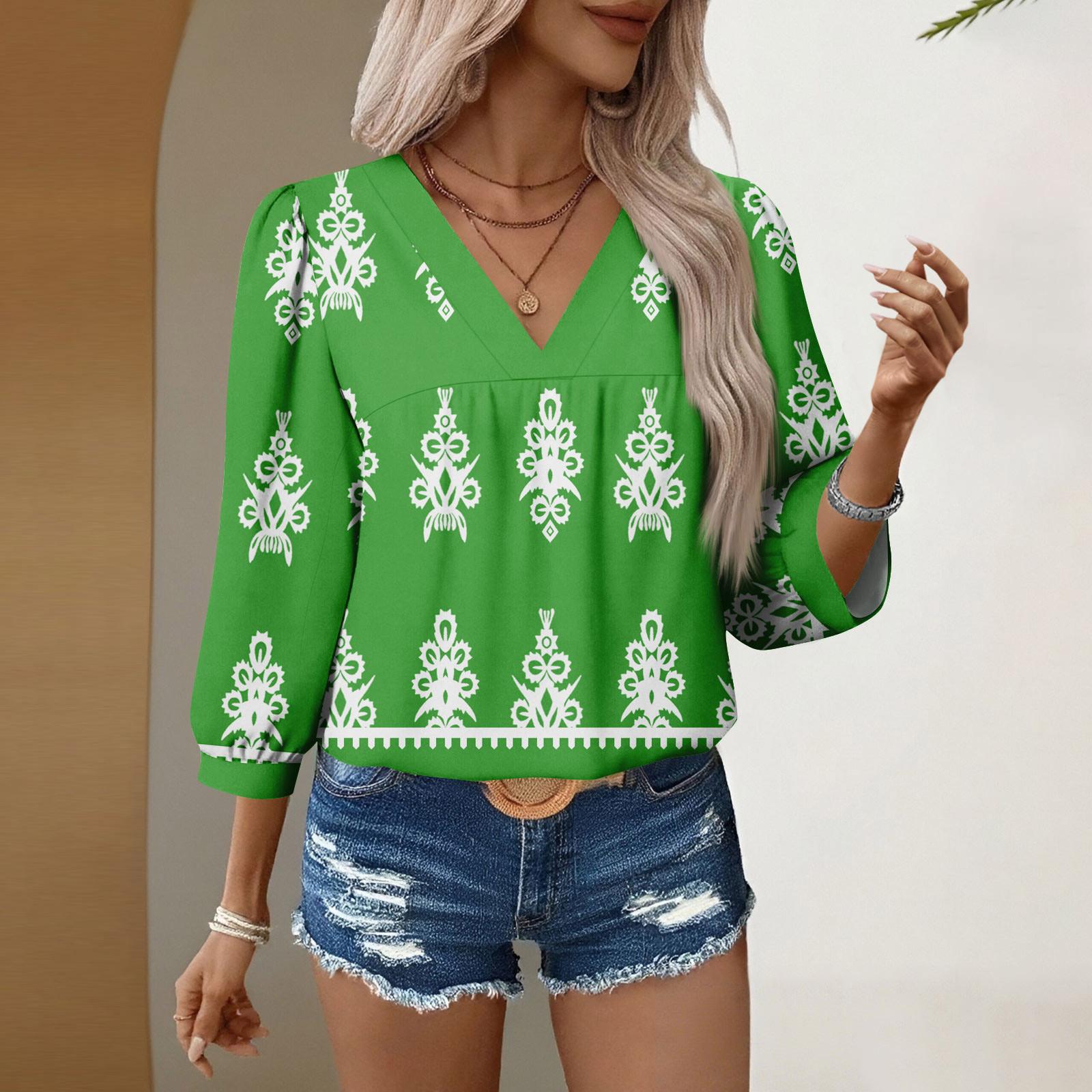 

Женские повседневные блузки с V-образным вырезом и цветочным принтом, рукав 3/4, бохо, осенние топы, рубашки S зелёный
