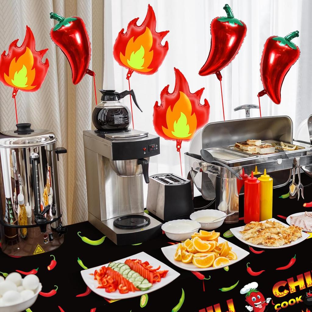 10 Pcs Chili Cook Off Decorations Set Chili Cook Off Banner Chili Pepper Disposable Tablecloth Plastic Table Cover Balloons Fire Balloons Chili