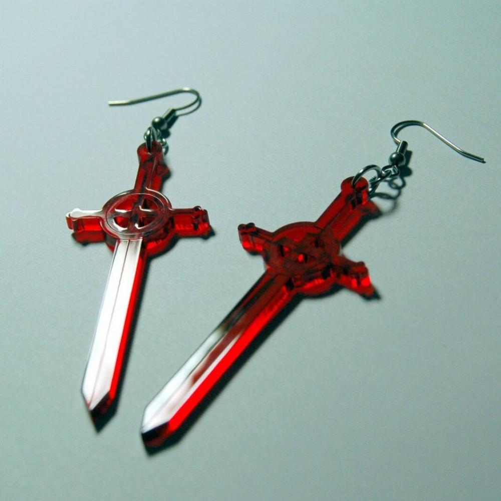 Gothic Simple Red Acrylic Sword Cross Pendant Dangle Earrings for Women Men Halloween Party Personality Jewelry Accessories Gift