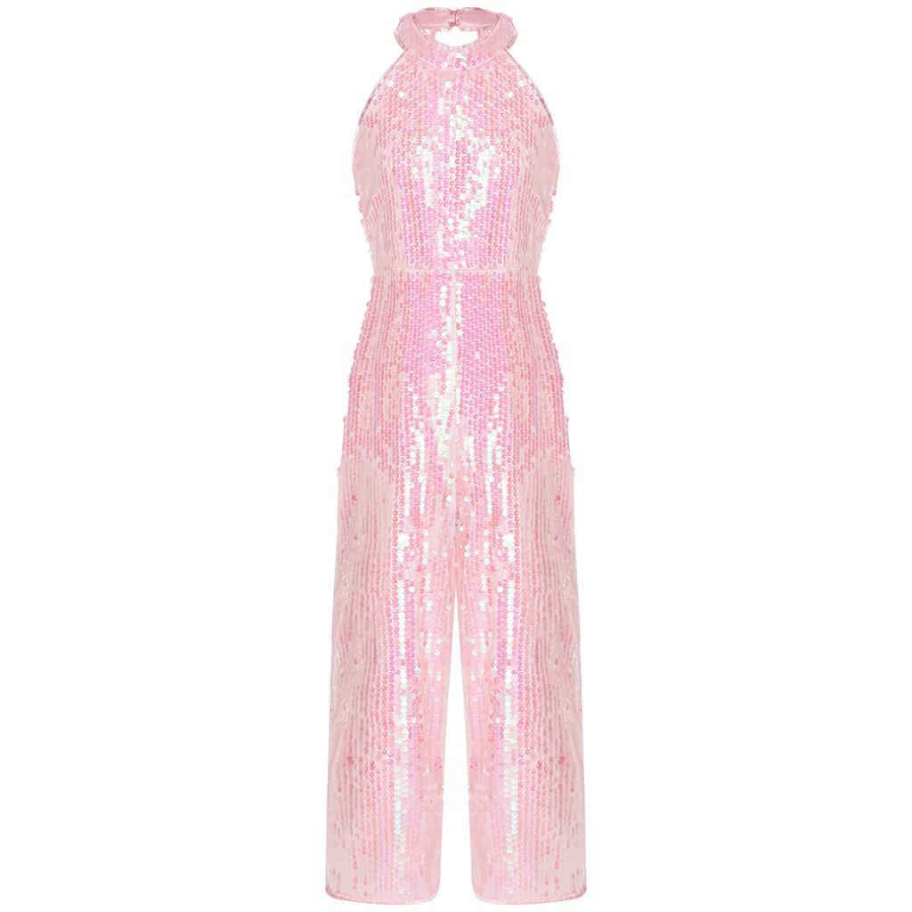 Flickor Glittrig Paljett Romper Halterneck Vida Byxor En Del Jumpsuit Ärmlös Fest Danskläder