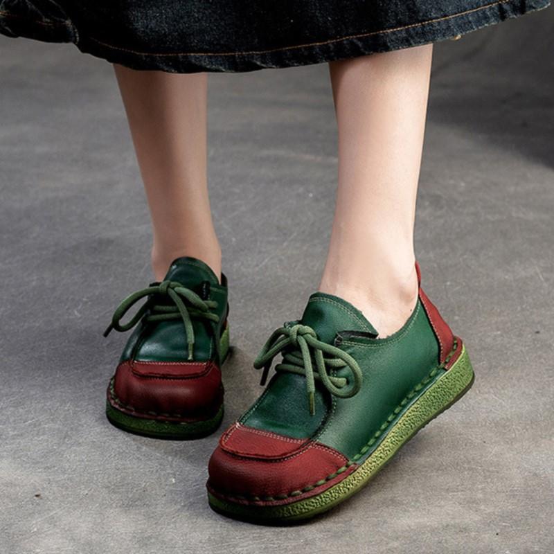 Johnature Chaussures à lacets rétro en cuir véritable polyvalentes, couleurs mélangées, semelle souple, chaussures confortables pour femmes
