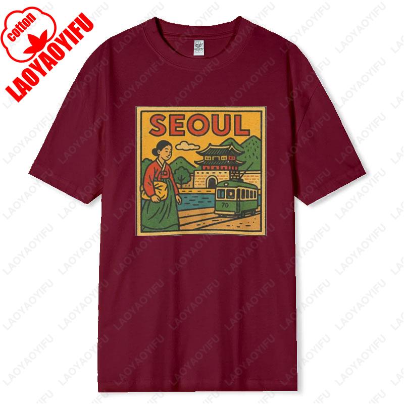 Seoul Korea Comic T-Shirt Unisex Retro-Stil Vintage Stadt-Skyline Grafik-T-Shirts Bold Asian Travel Baumwollshirt Geschenk Männer Frauen Tops