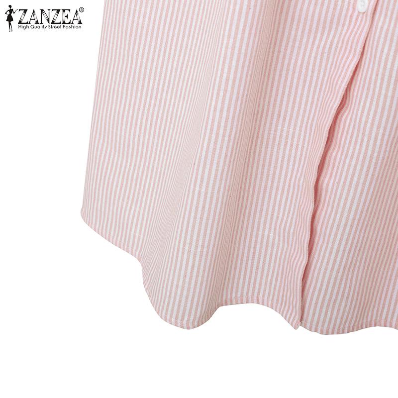 ZANZEA Women Summer Turn Down Collar Short Sleeve Casual Stripe Dress