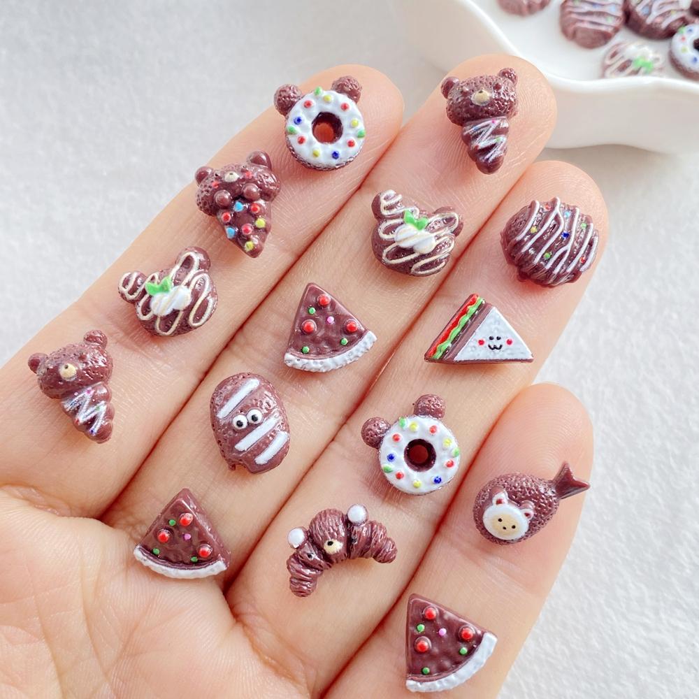 

50Pcs New Mixed Nail Art Resin Doughnuts, Bear Cream Bread Designer Charms Rhinestones DIY Craft For Nail 3D Decorations шоколадный