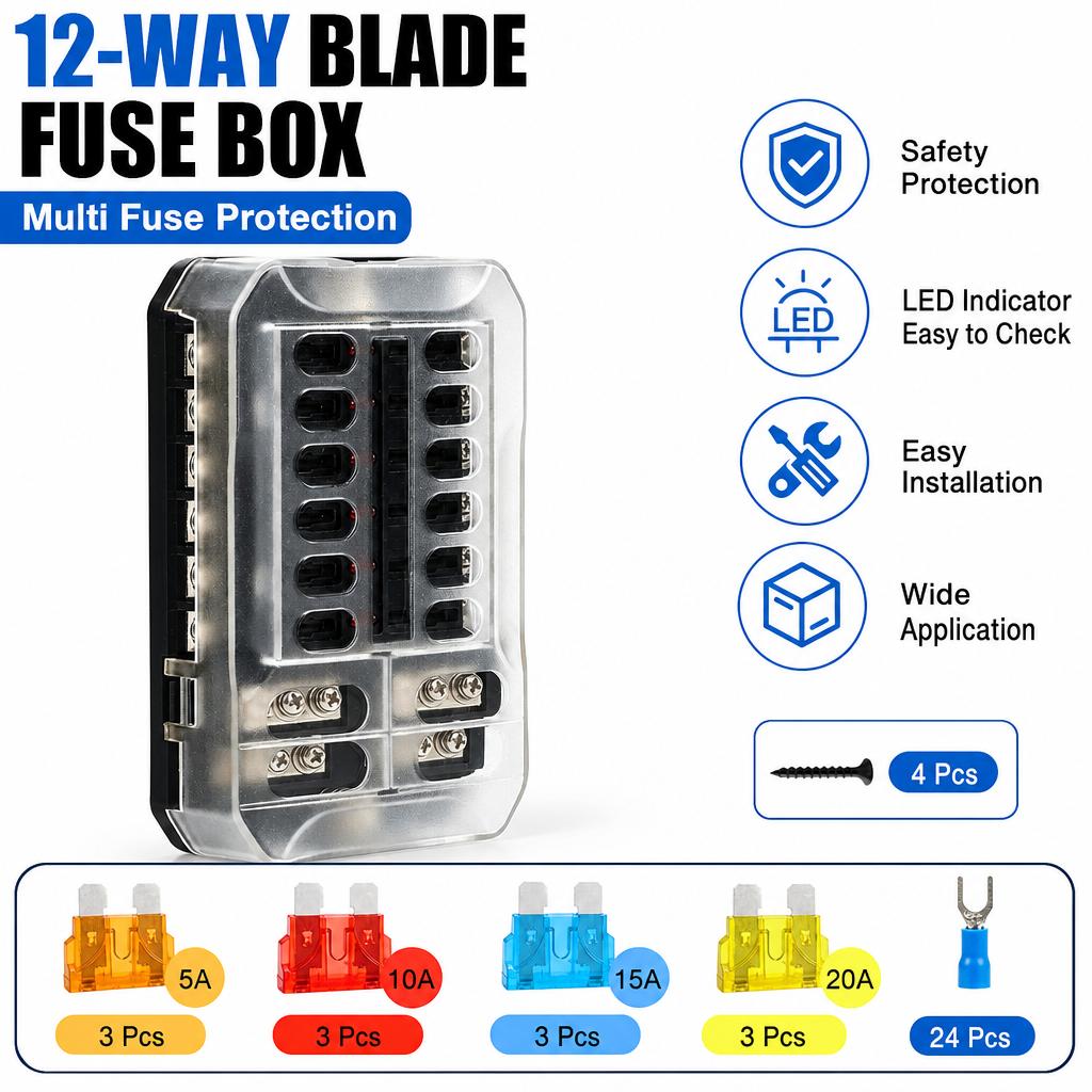 6/12 Way Car Boat Blade Fuse Box Block Holder LED Indicator 12V 32V Auto Marine Waterproof Power Distribution Panel Board Fuses4