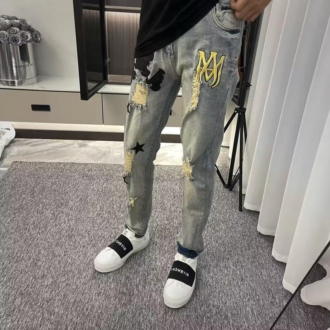 

Мужские рваные джинсы в корейском стиле, лето 2023 года, уличная мода - RK391-P43 Small синий